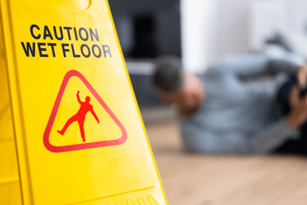 Wet sign. Man fallen on the floor holding his injured leg. What To Do If You Slip and Fall in A Texas Store.